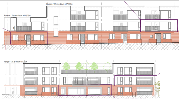 Two elevation drawings of a new three-storey apartment building with balconies, brick-clad ground floor and roof terrace planting