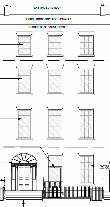 Elevation drawing of a heritage building converted to luxury apartments, showing sash windows and period façade