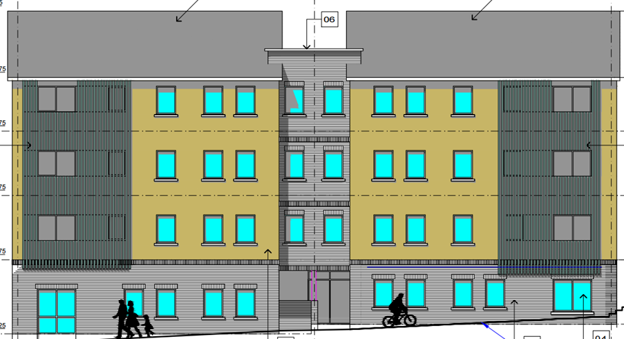 Elevation drawing of a three-storey apartment block with central entrance stairwell and timber-clad end bays