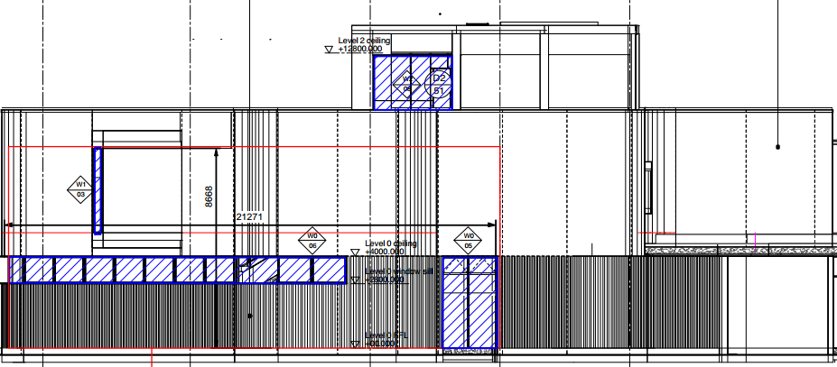 Sectional elevation drawing of a large multi-level building with dimensioned levels and glazing details