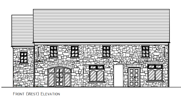 Front elevation drawing of a historic stone building with arched doorway, now a bar and restaurant with guest accommodation